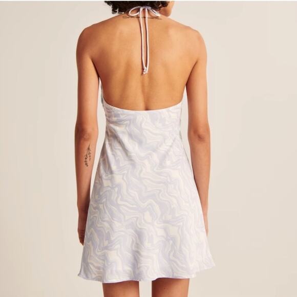 Abercrombie & Fitch NEW Halter Ruched Mini Dress Blue White Marble Pattern Sz XL - Picture 4 of 16